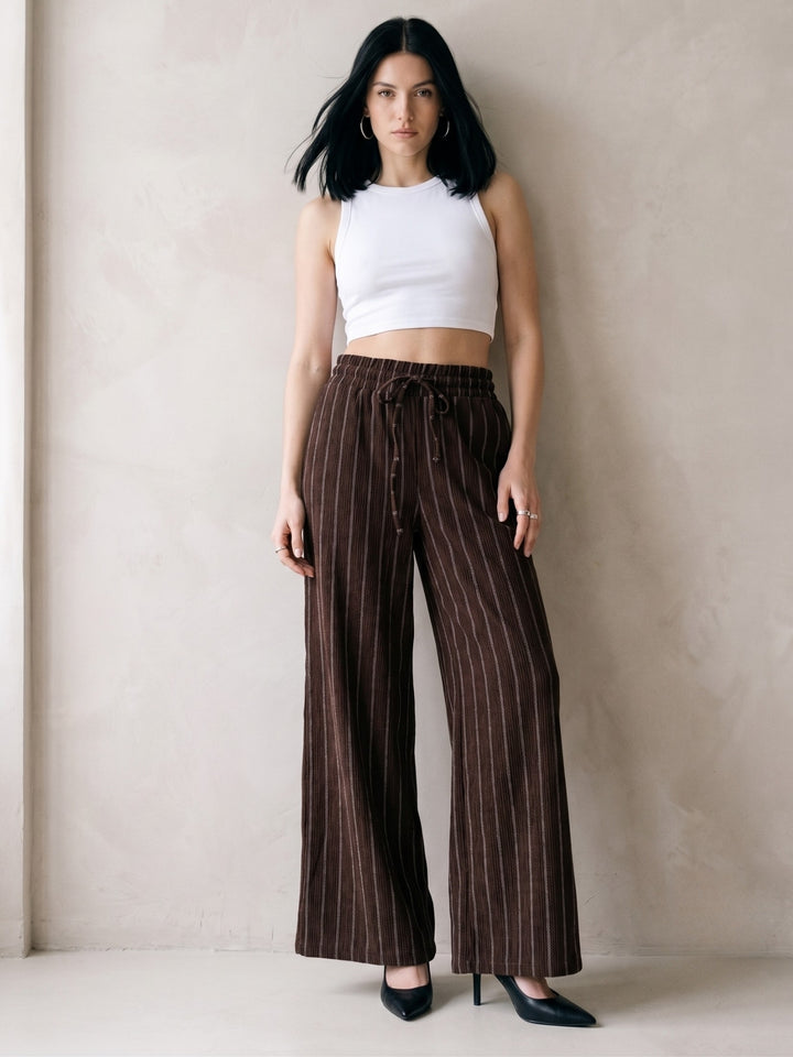 Brown High Waisted Elasticated Waistband Stripped Trousers