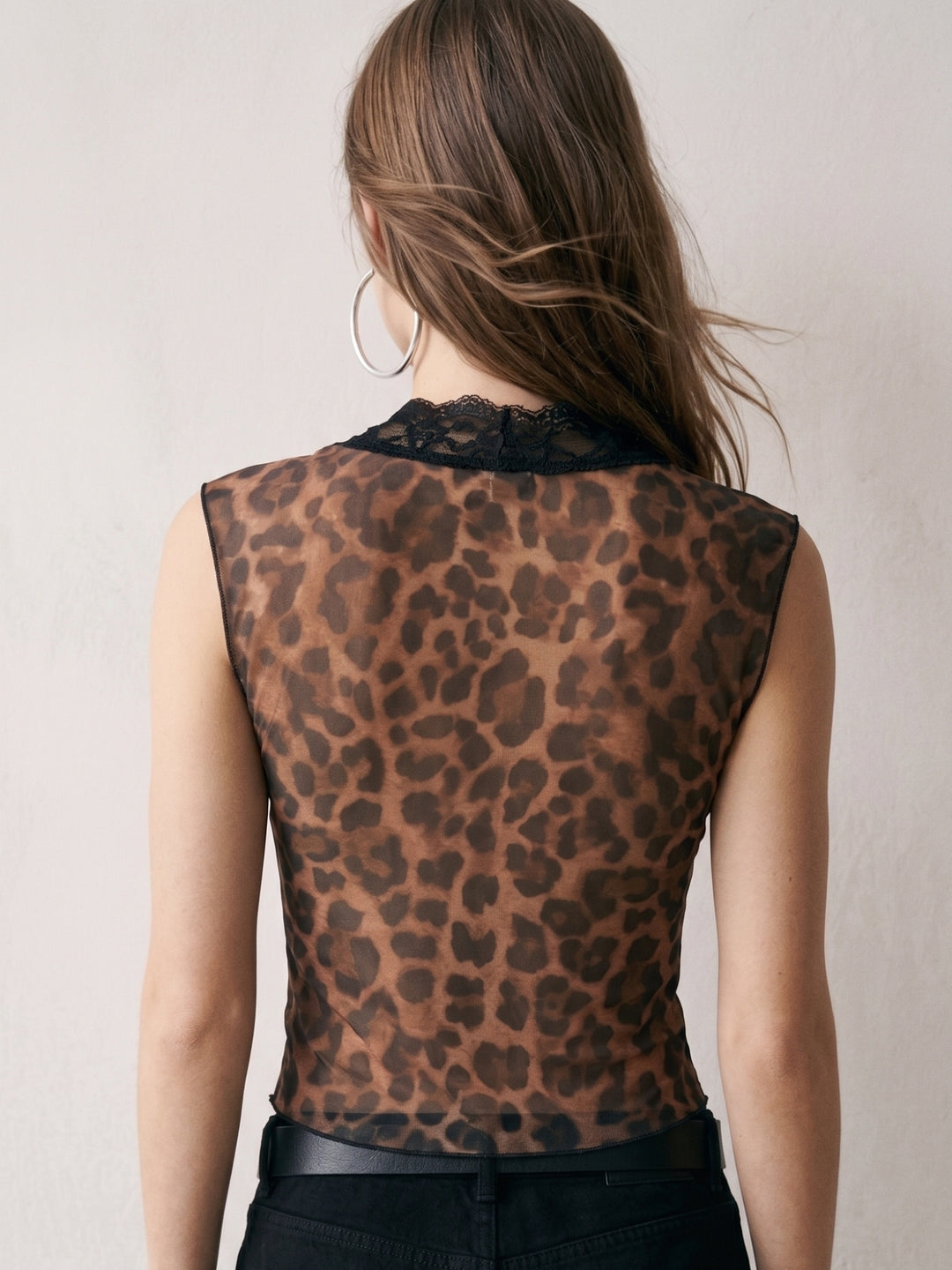 Brown Sleeveless Leopard Printed Lace Top