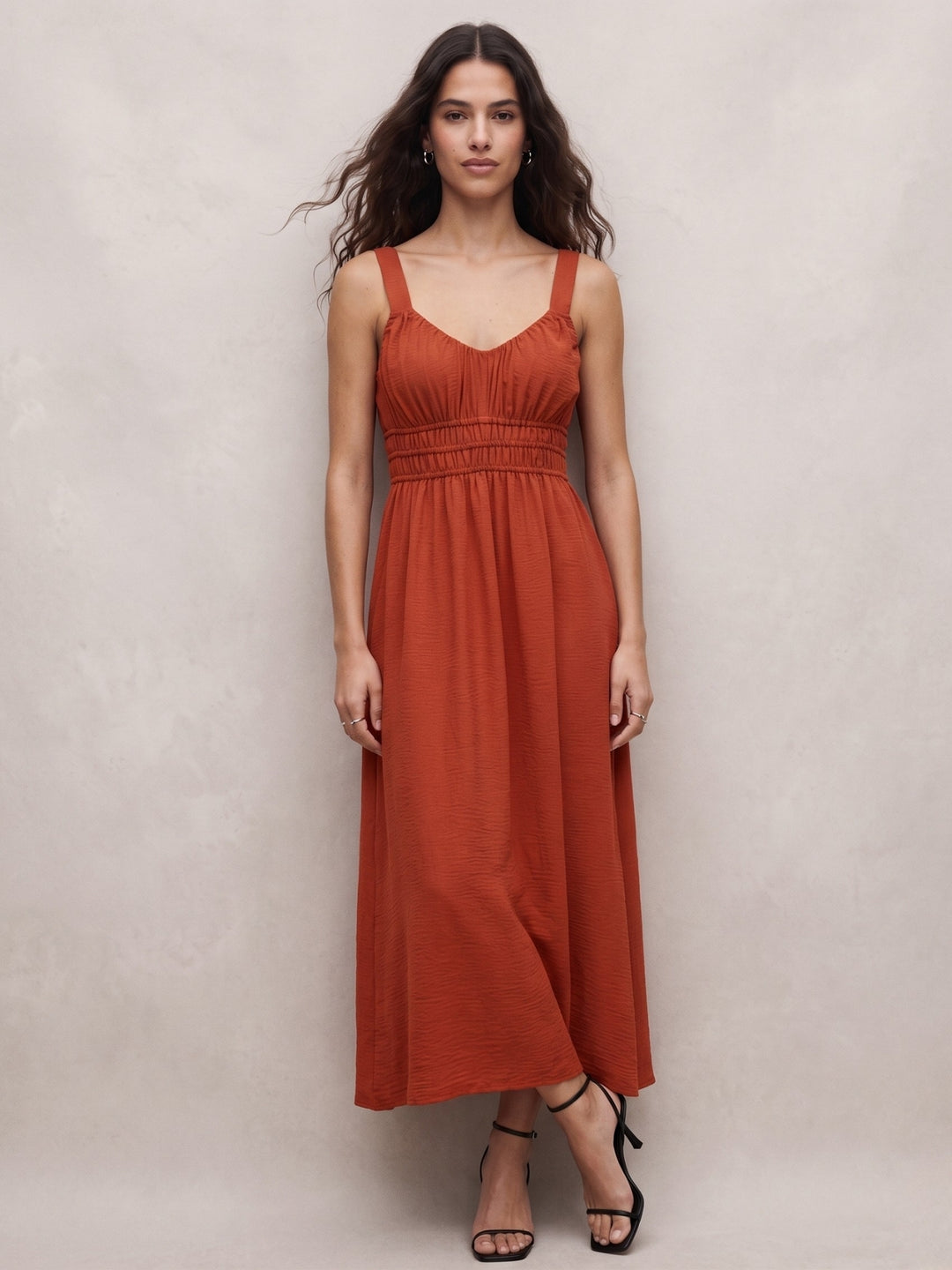 Rust Shoulder Strap Bust Pleated Flared Dress