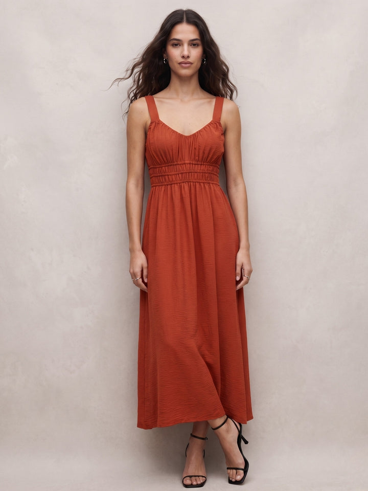 Rust Shoulder Strap Bust Pleated Flared Dress