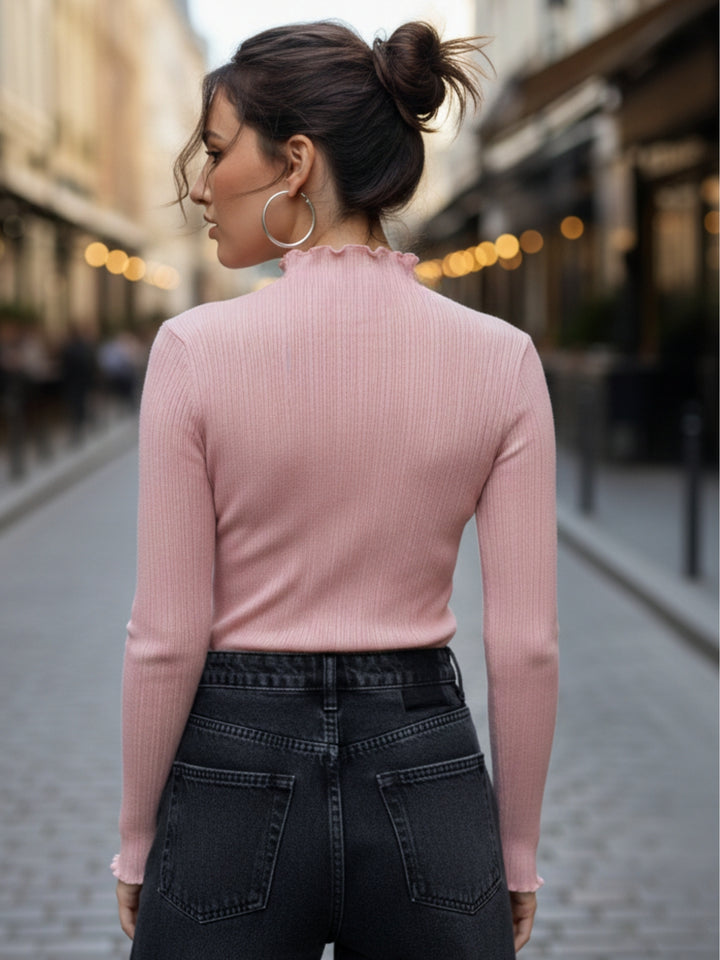 Pink Full Sleeve Mock Neck Fitted Top