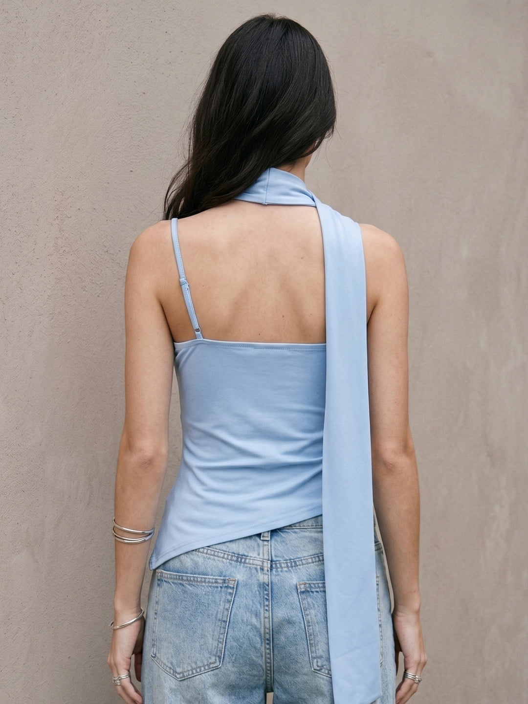 Blue Neck Wrap Asymmetrical Hem Top