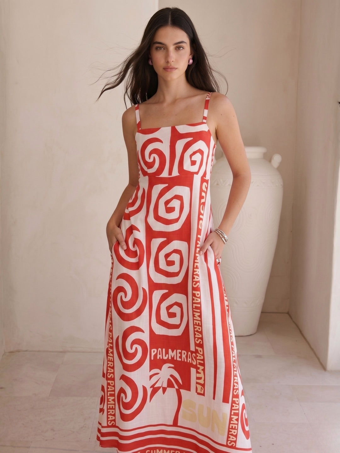Red Spaghetti Strap Printed Dress
