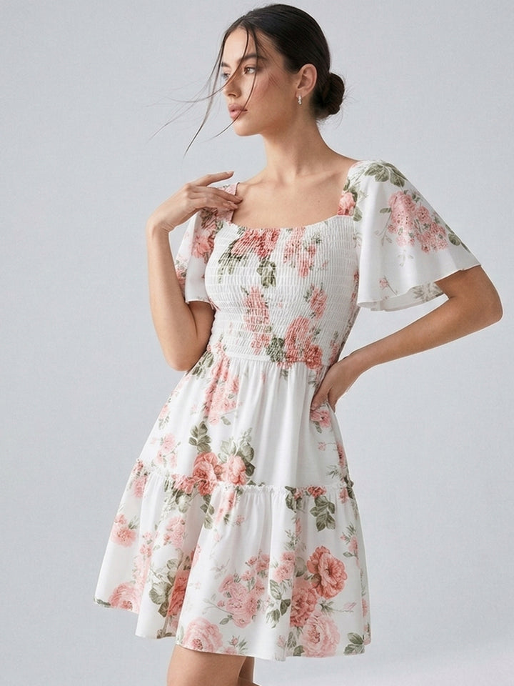 White Flare Sleeve Tiered Floral Dress