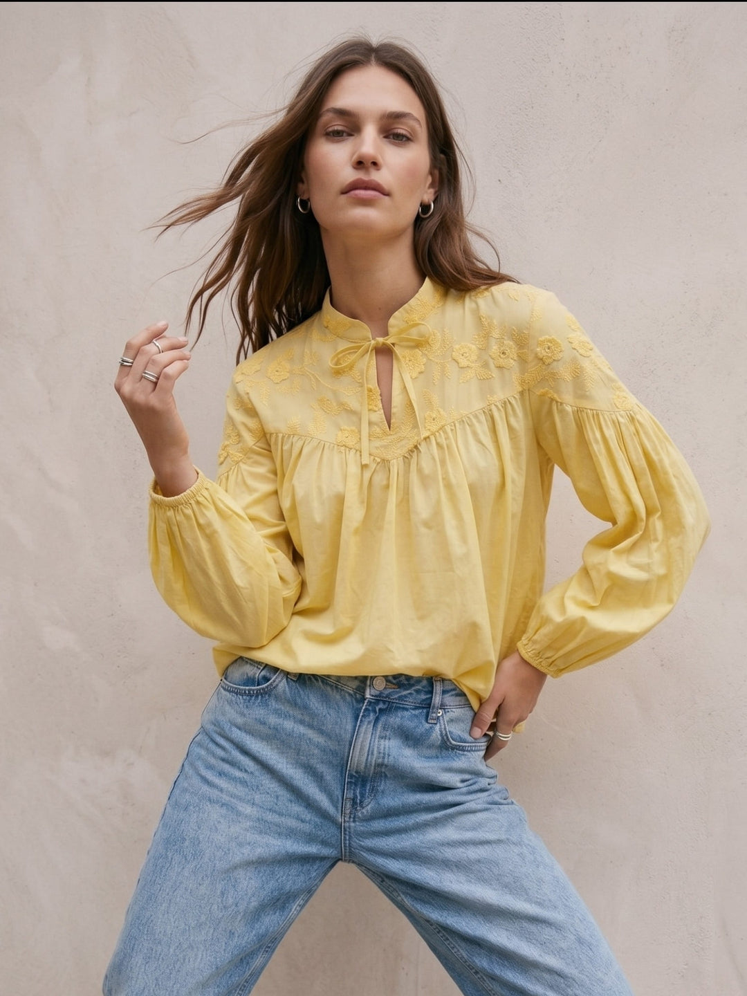 Yellow High Neck Textured Tie Up Relaxed Blouse