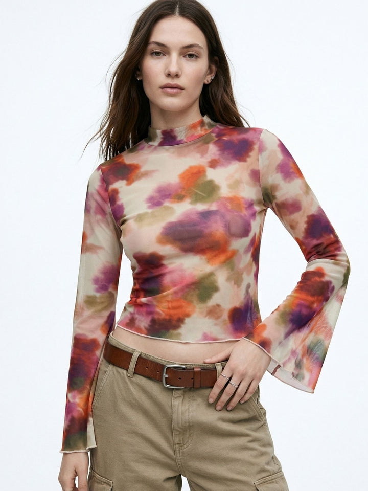 Multi High Neck Printed Mesh Top With Bell Sleeves