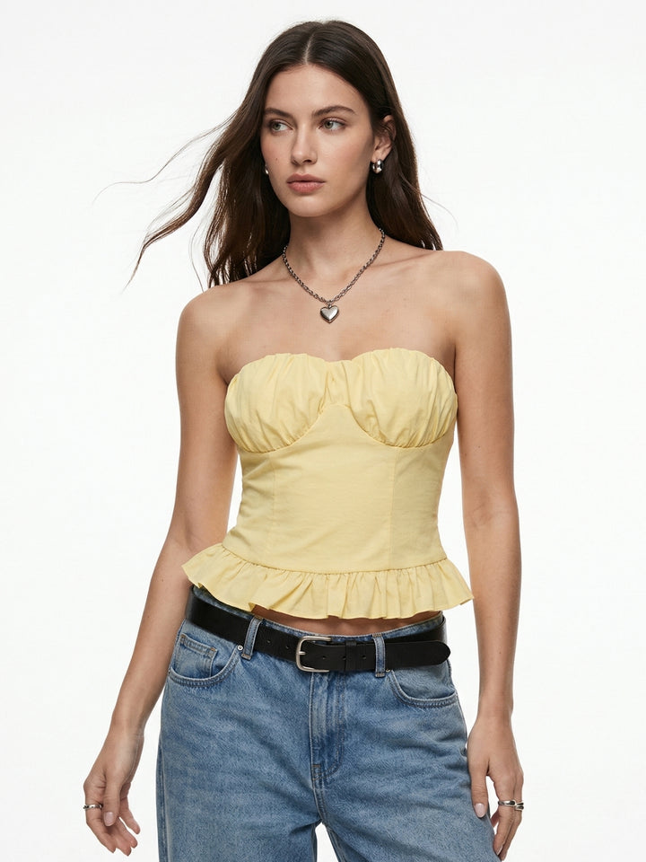 Yellow Off Shoulder Ruffle Hem Top