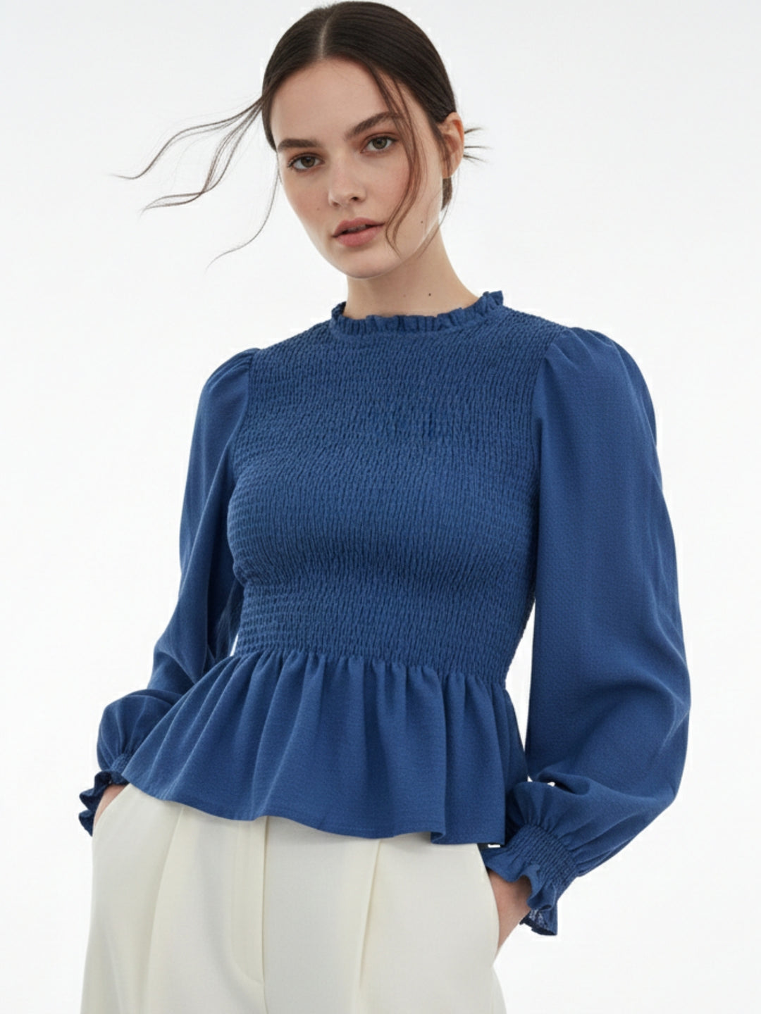 Blue Smocked Bodice Solid Top