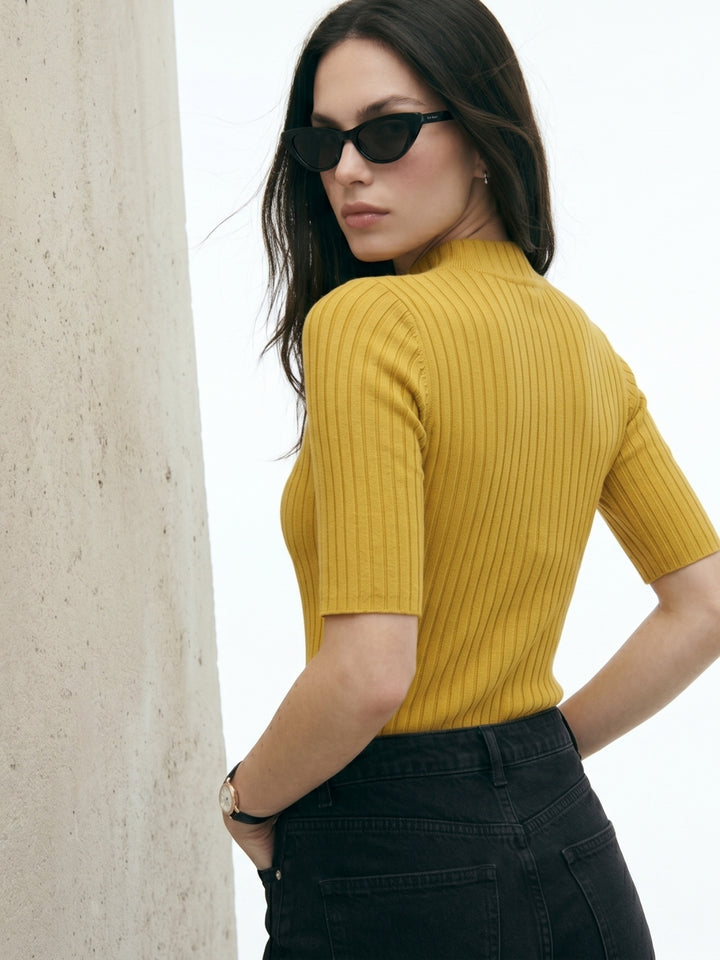Mustard High Neck Knitted Top