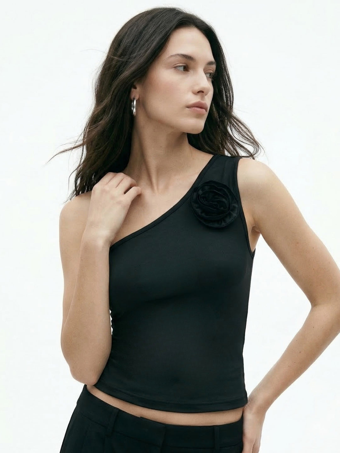 Black One Shoulder Tank With Floral Corsage Detail