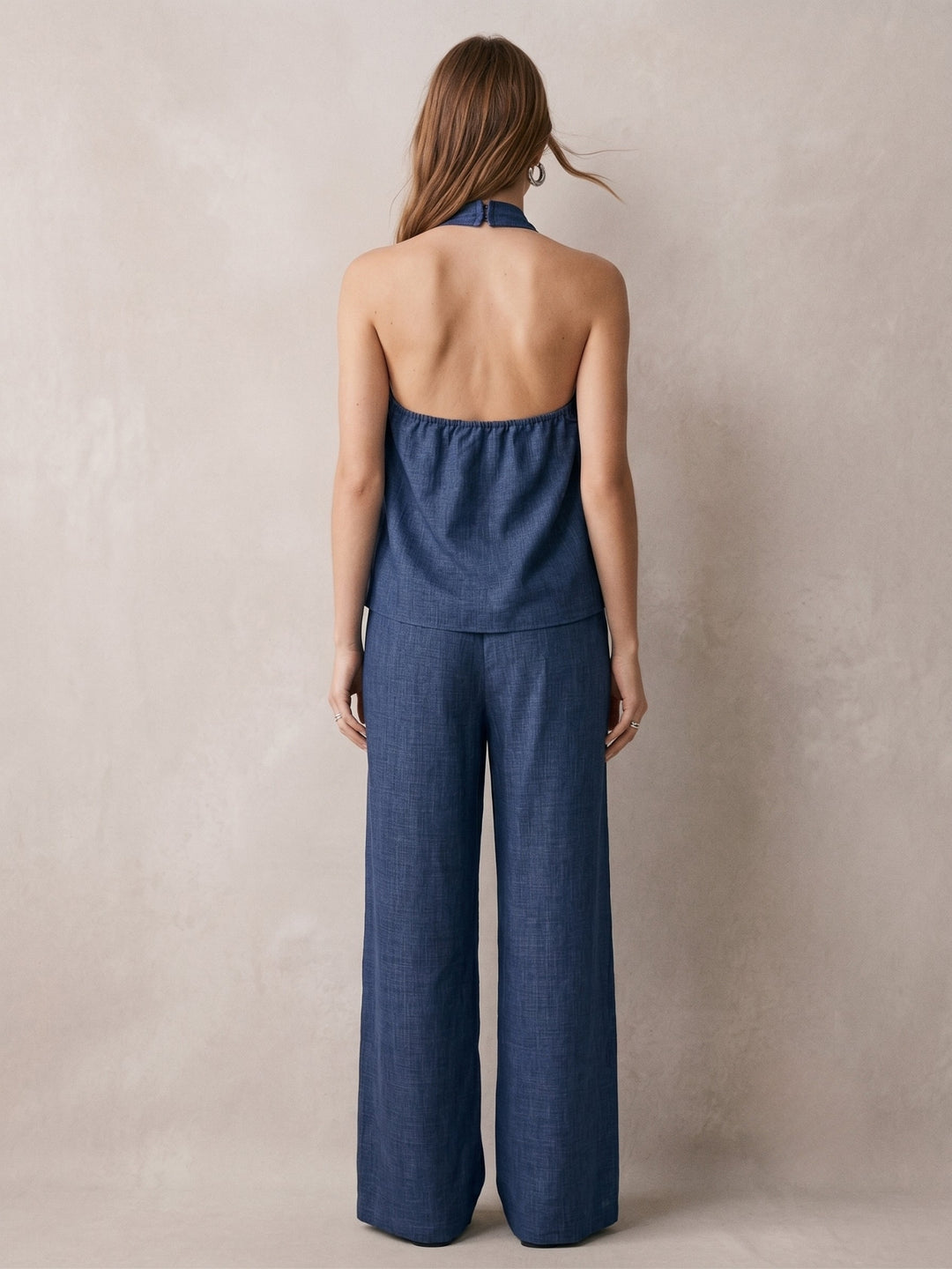 Blue Halter Neck Flowy Top With Wide Leg Trousers Co-Ord Set