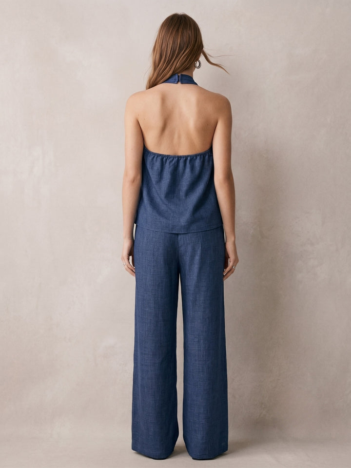 Blue Halter Neck Flowy Top With Wide Leg Trousers Co-Ord Set