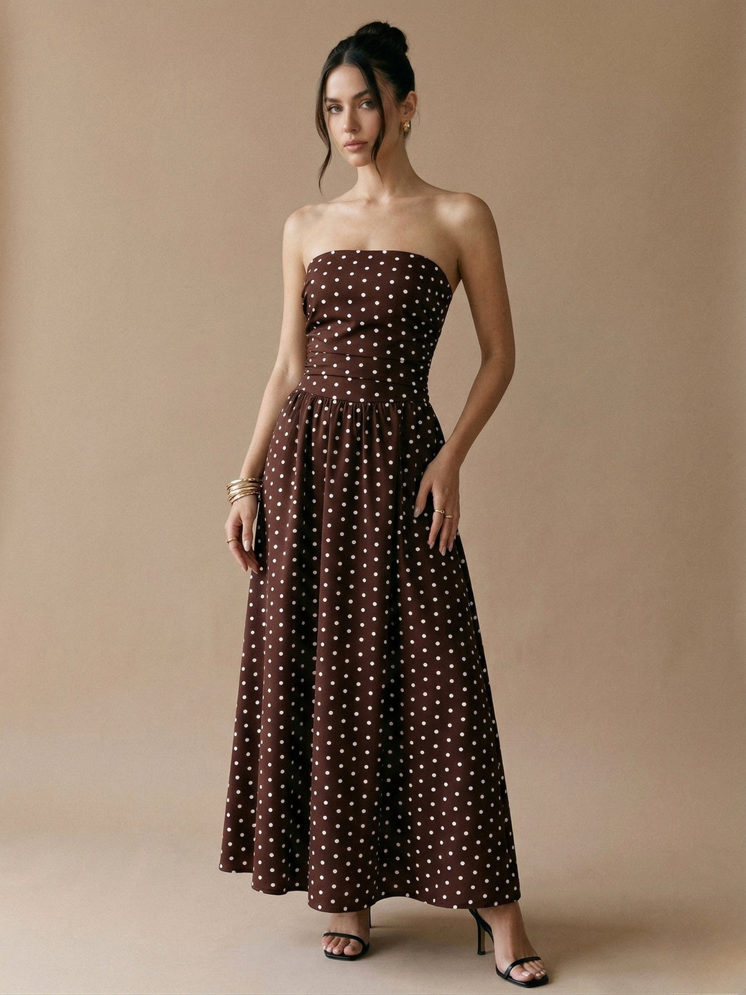 Wine Off Shoulder Polka Printed Dress