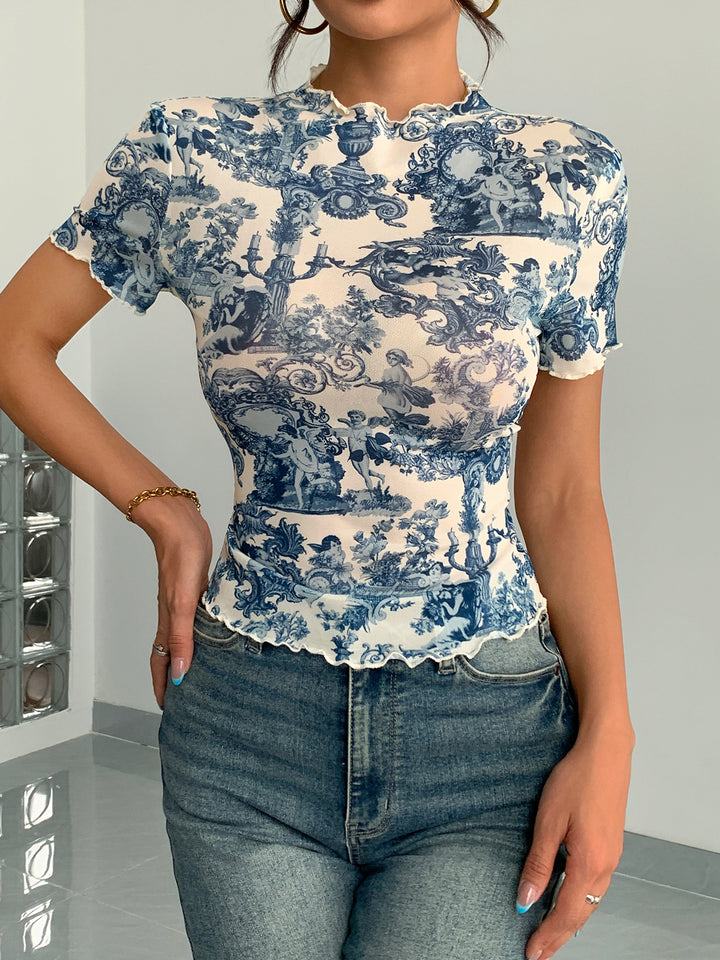 Blue Short Sleeve Printed Semi Sheer Top
