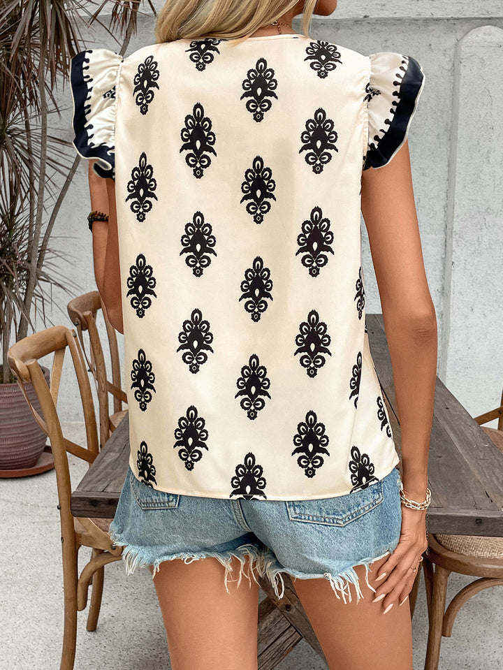 White Printed V Neck Ruffle Sleeve Top