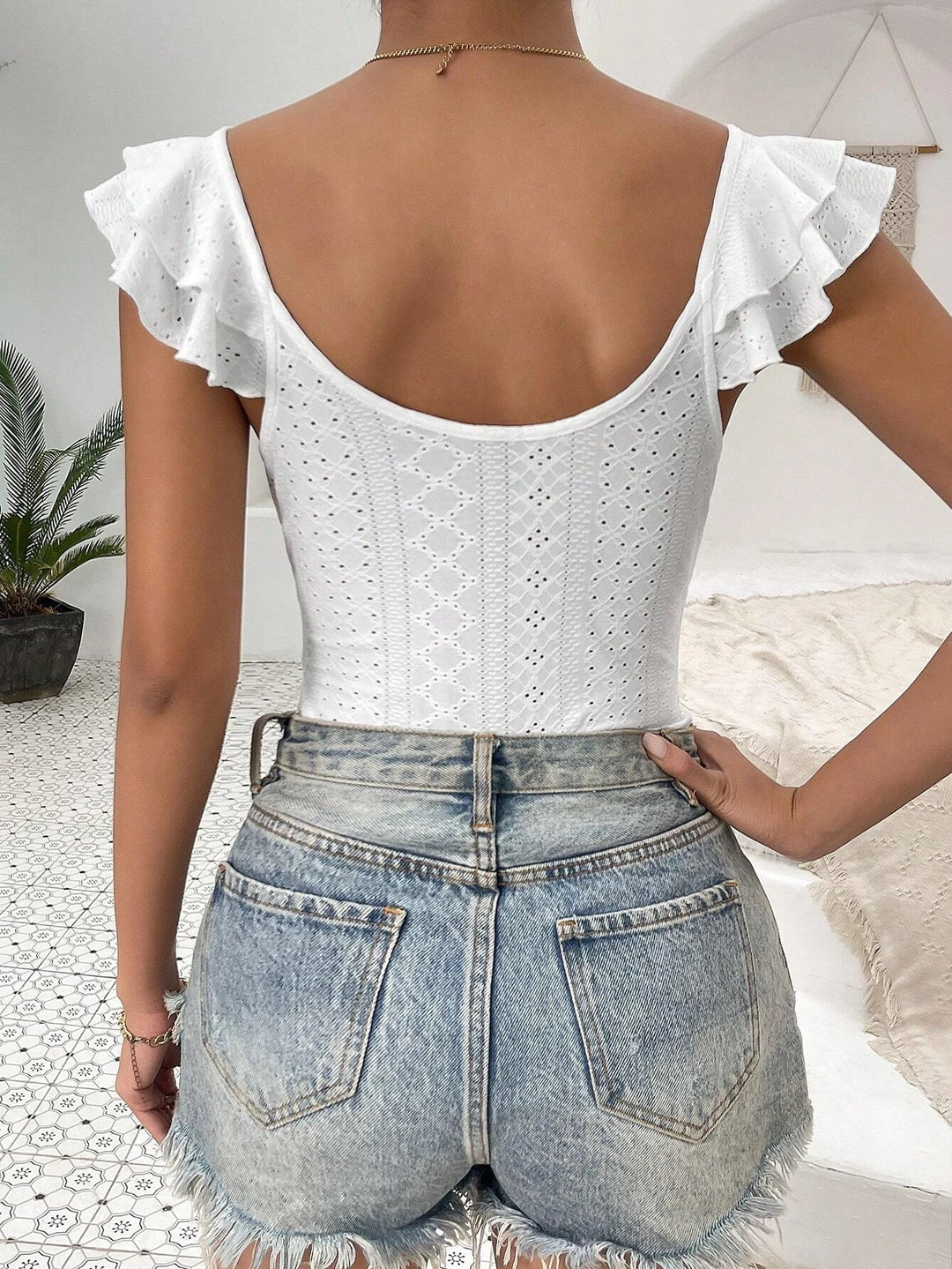 White V-Neck Ruffle Sleeve Top
