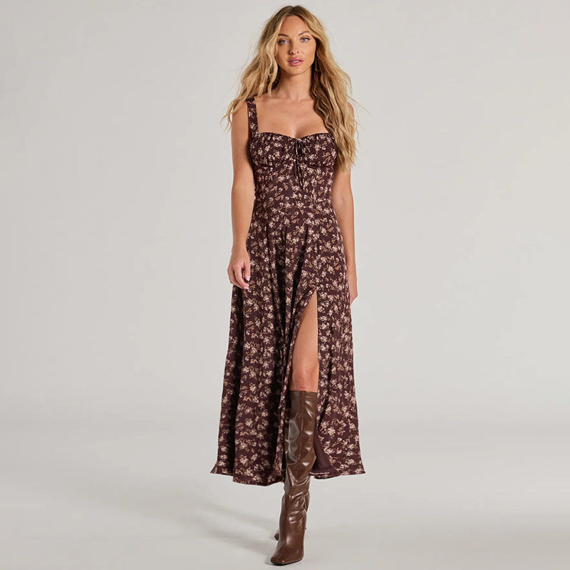 Brown Strapless Slit Midi Dress