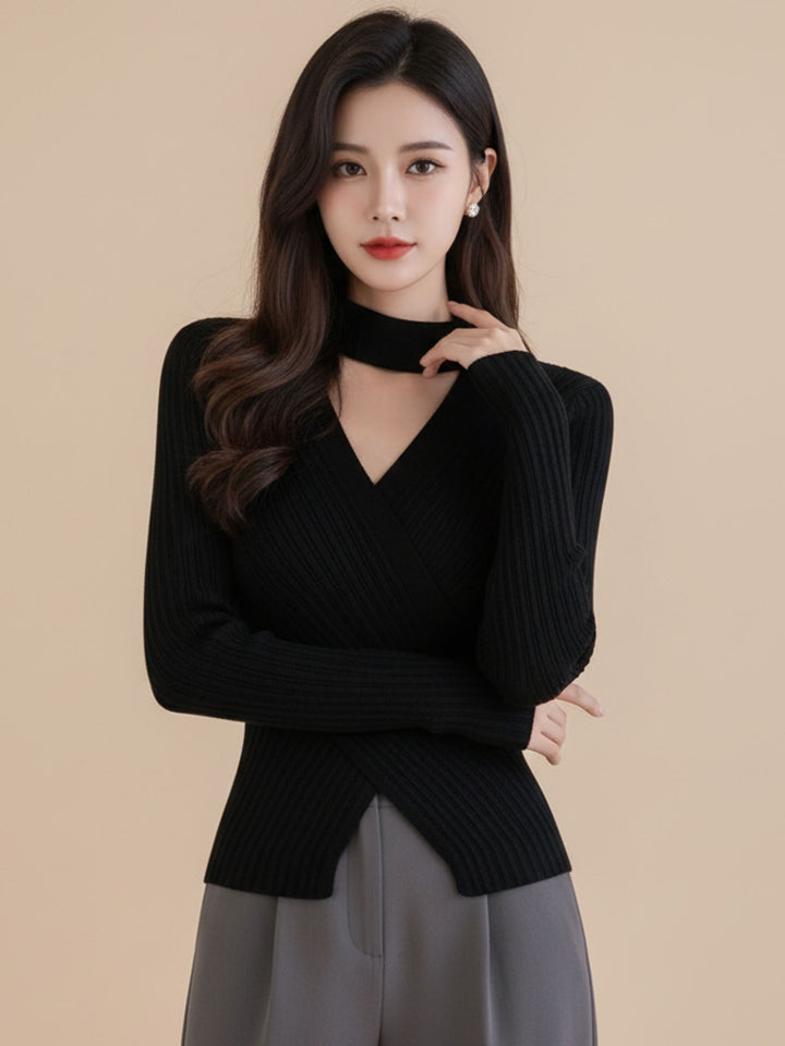 Navy Blue Full Sleeve Neck Cutout Wrap Top