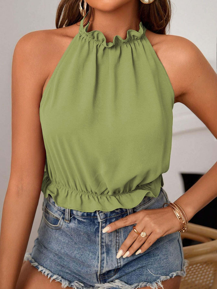 Green Halter Neck Ruffle Detail Top