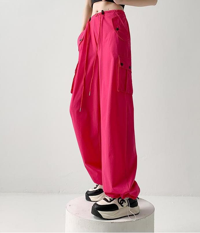 Pink Elastic Cargo Pants With Drawstring