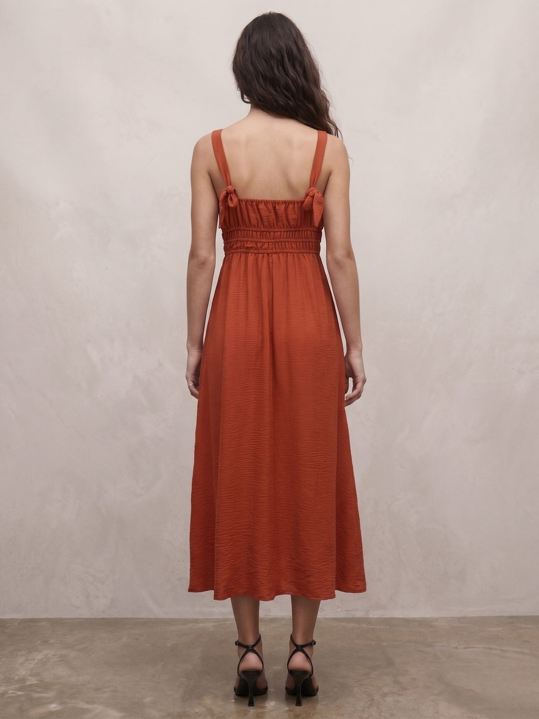 Rust Shoulder Strap Bust Pleated Flared Dress