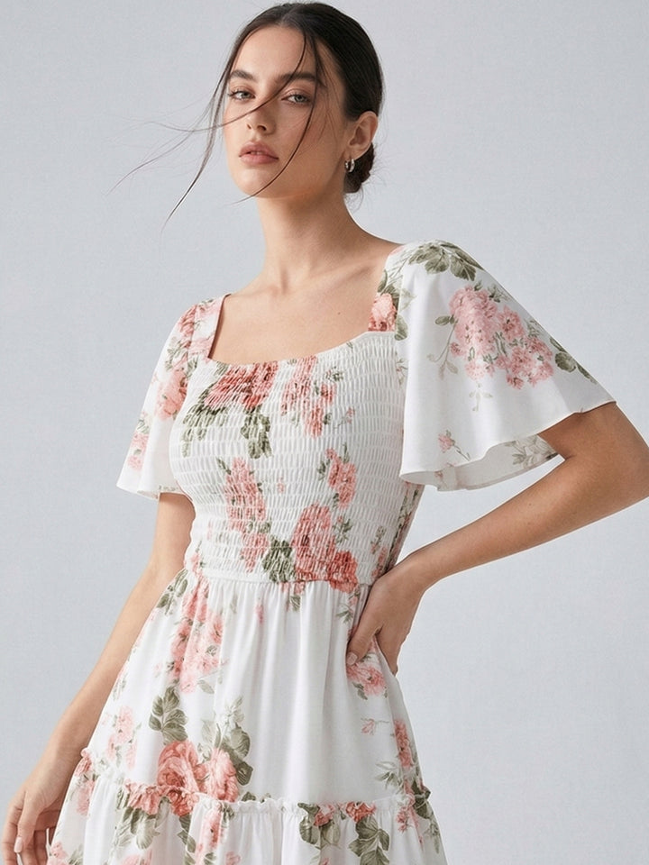 White Flare Sleeve Tiered Floral Dress
