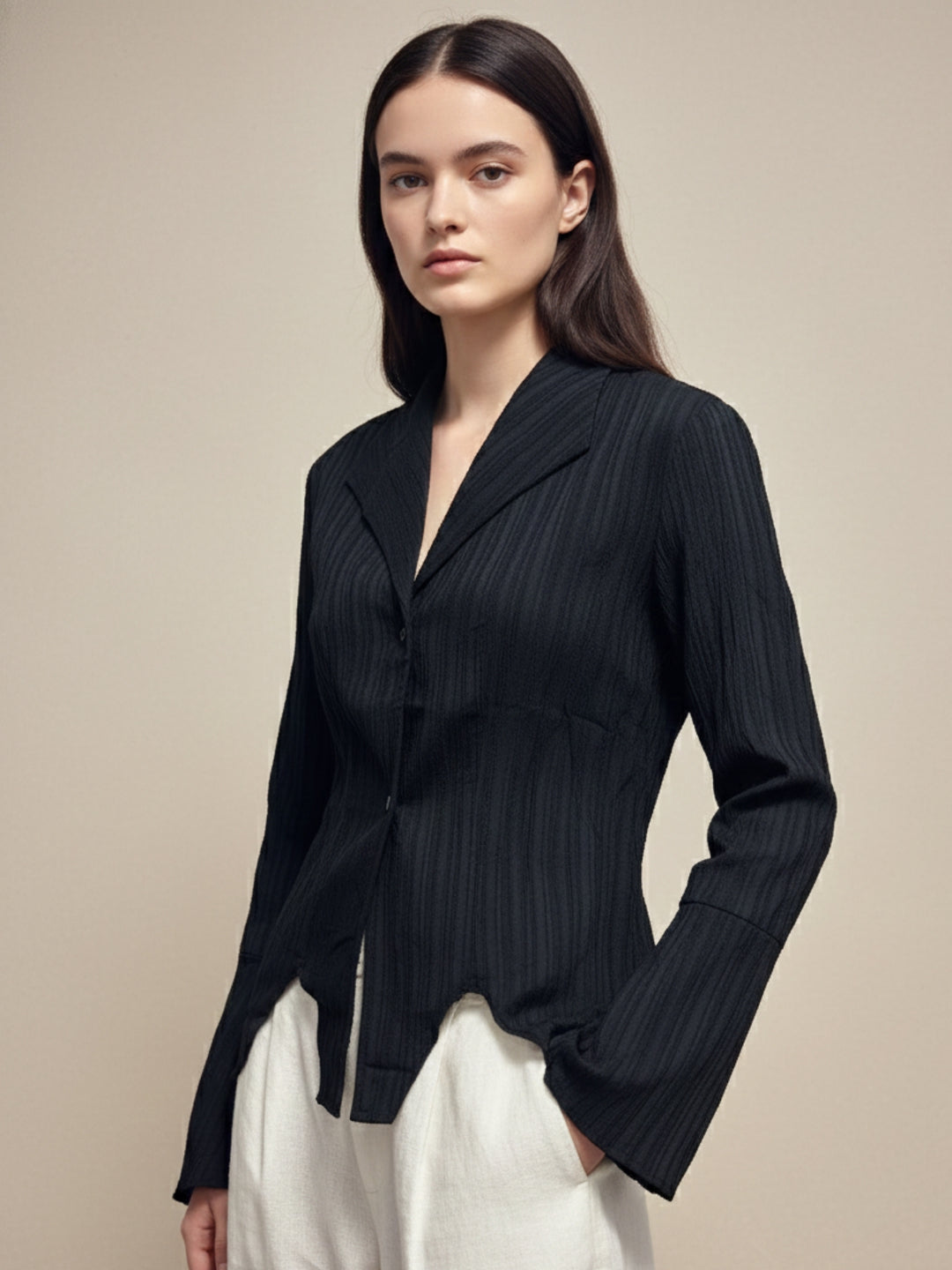 Black Textured Front Buttoned Shirt
