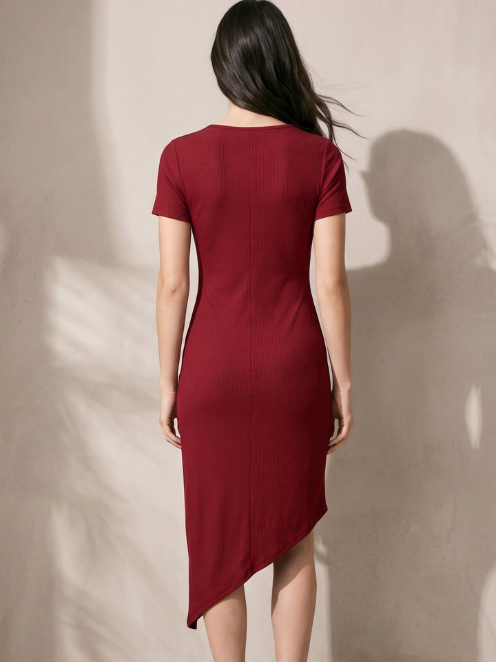 Maroon Short Sleeve Asymmetrical Hem Dress
