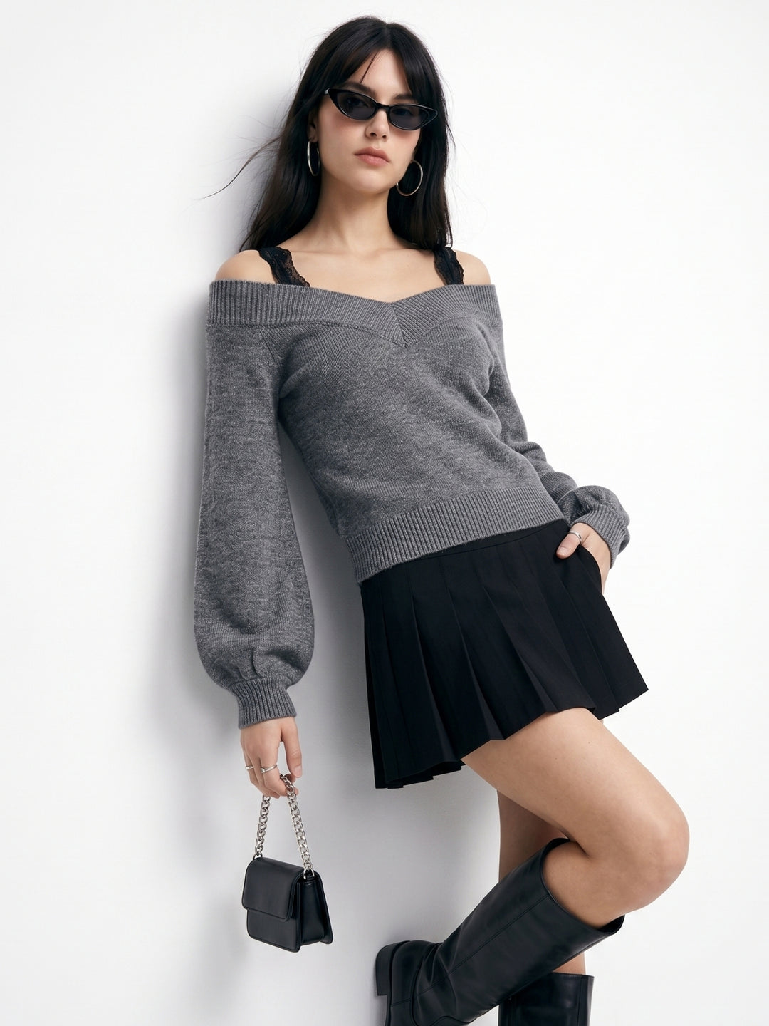 Charcoal Cold Shoulder Sweater With Lace Straps