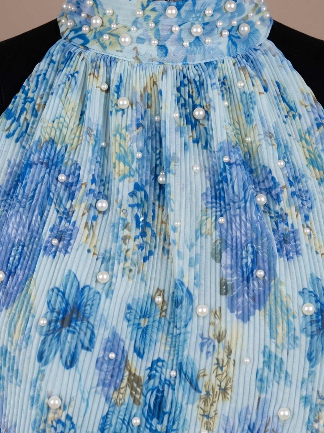 Blue Halter Tied Neck Blouse With Pleating And Hand Embellishment Detail