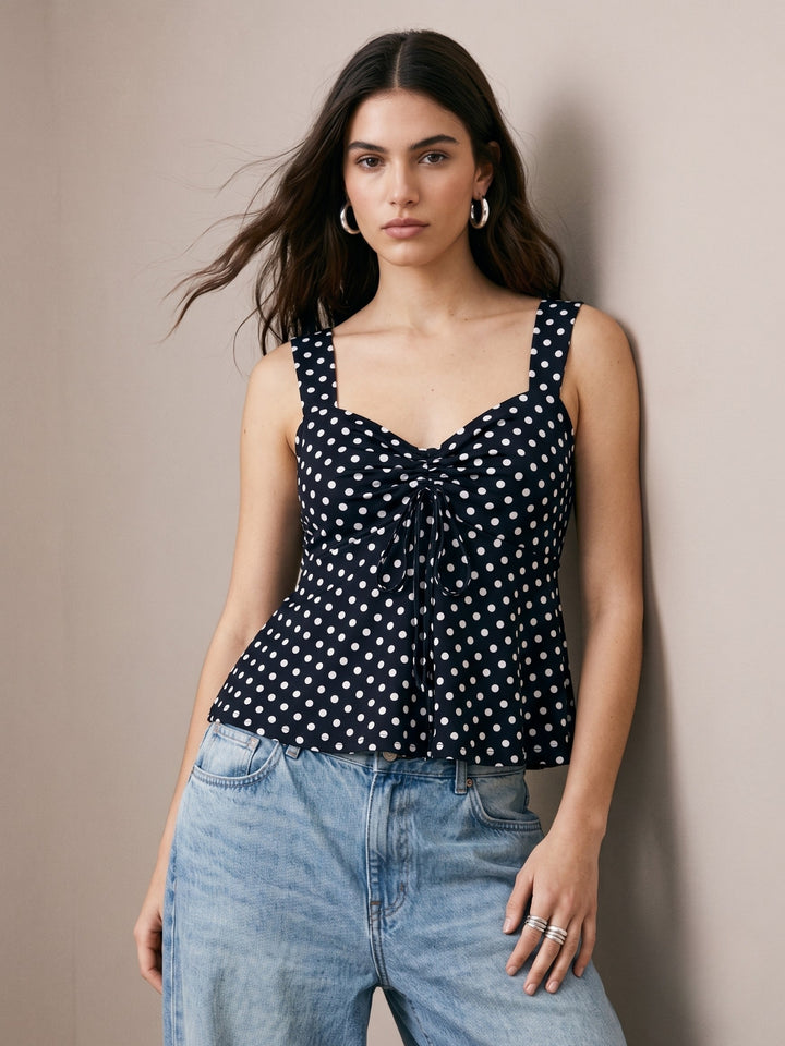Black Polka Dotted Sweetheart Neckline Peplum Top
