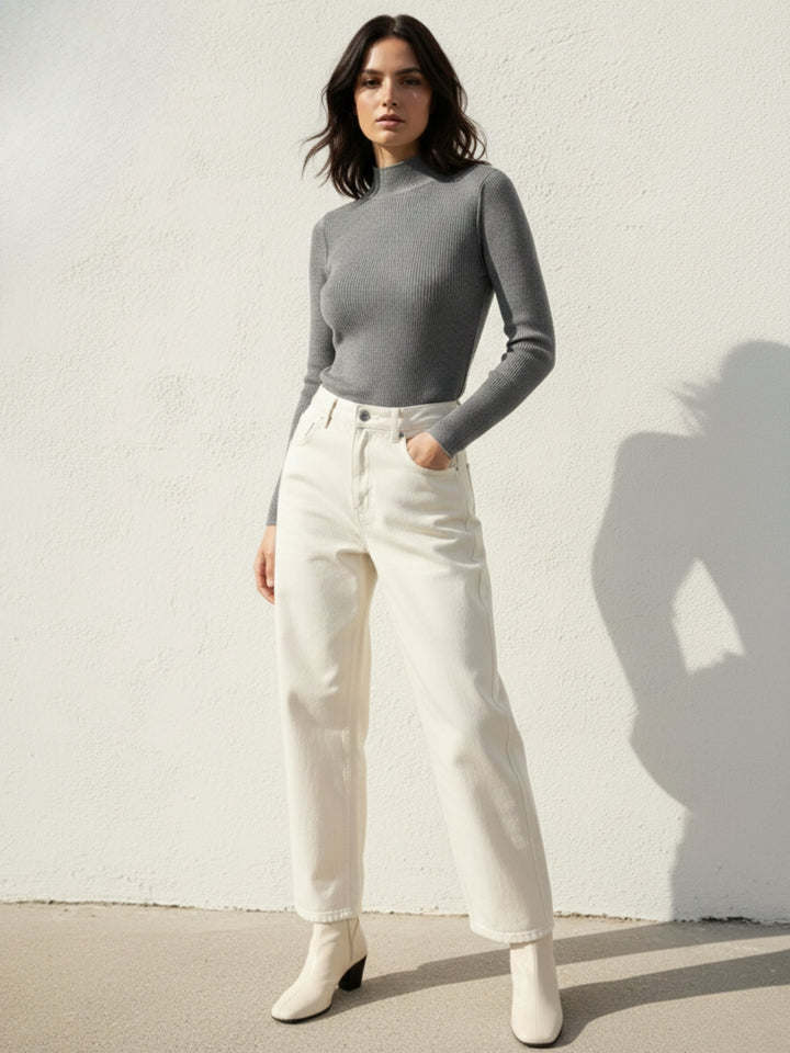 Grey Full Sleeve Mock Neck Fitted Sweater