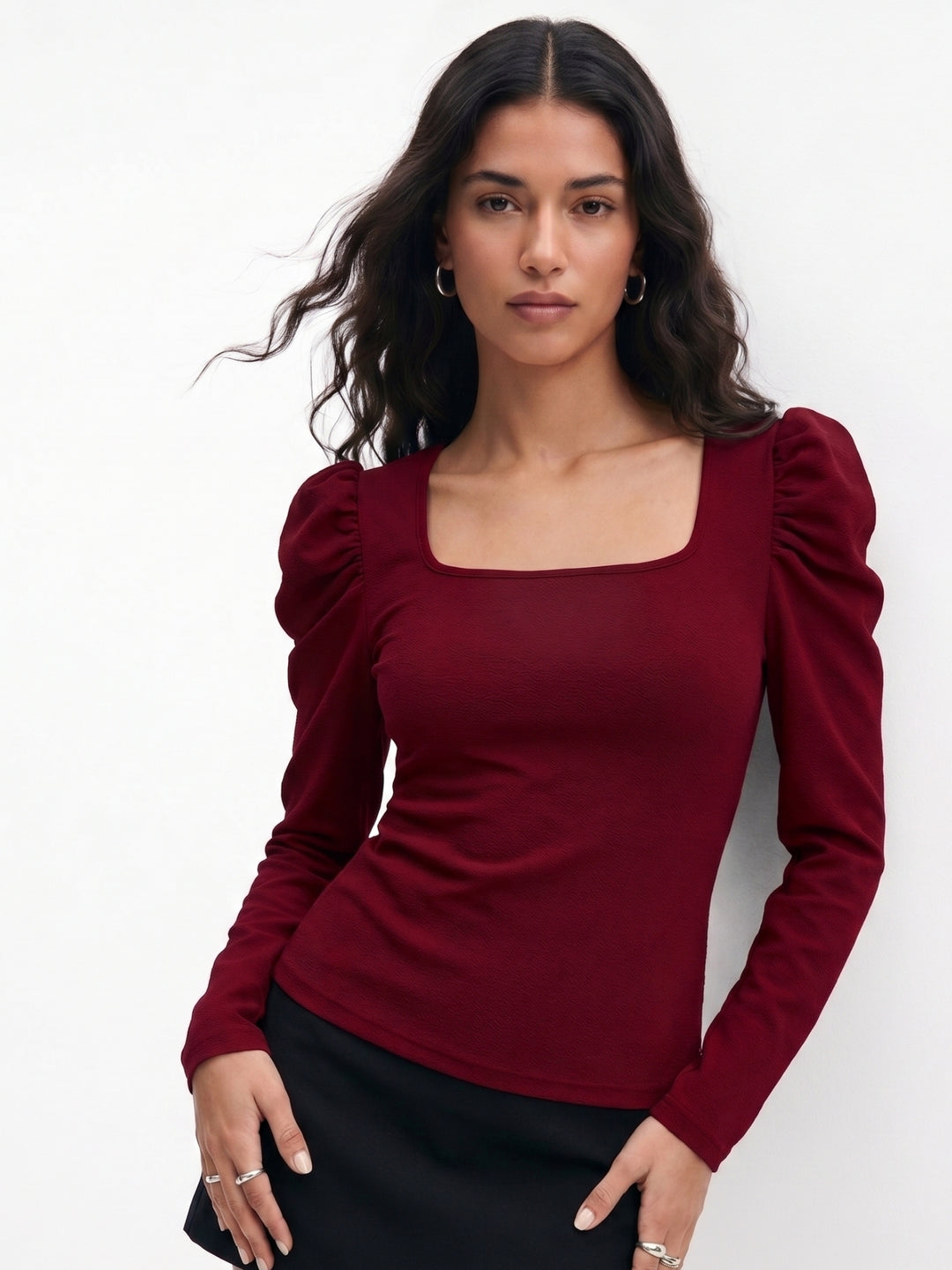 Wine Puff Sleeve Fitted Top