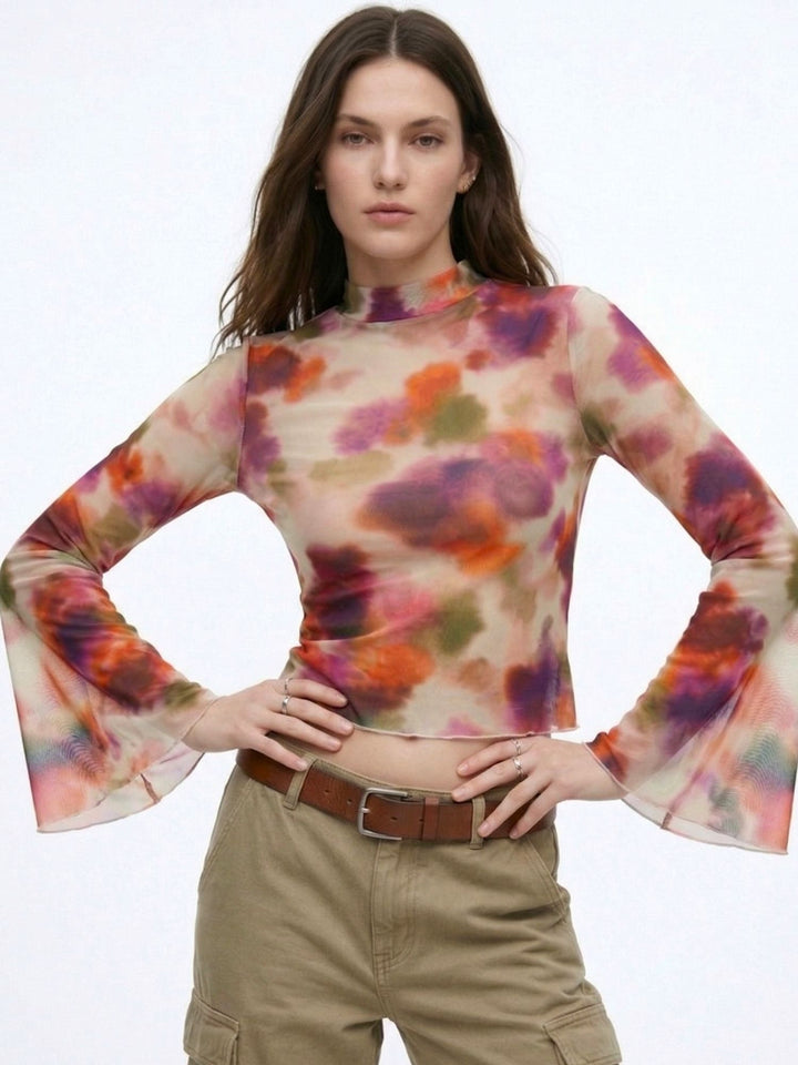 Multi High Neck Printed Mesh Top With Bell Sleeves