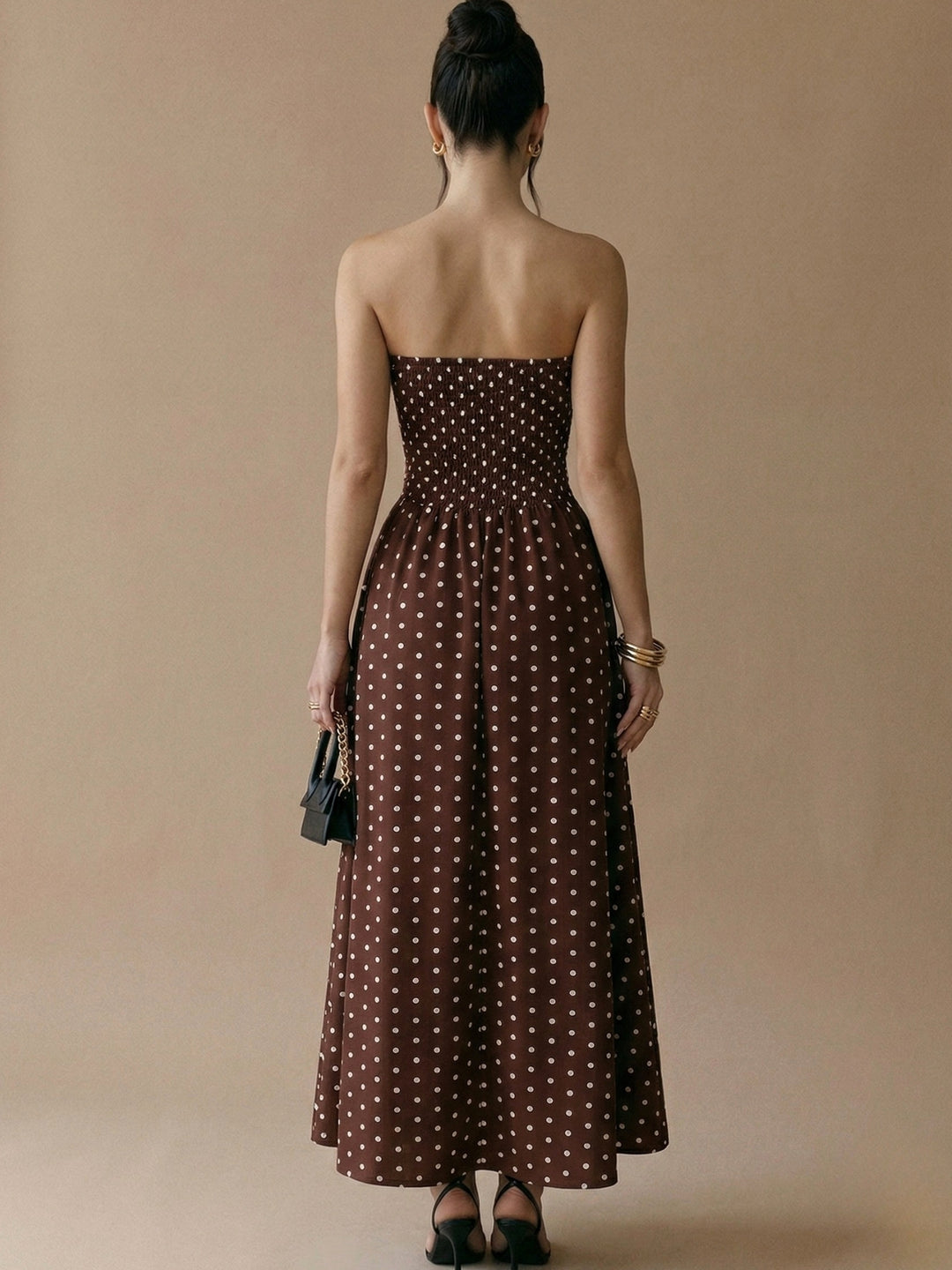 Wine Off Shoulder Polka Printed Dress