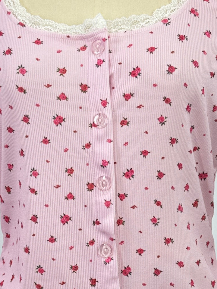 Pink Printed Ribbed Top With Lace Inserts