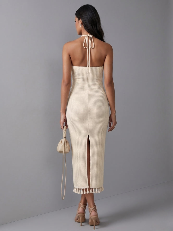 Off White Halter Neck Bottom Hem Dress