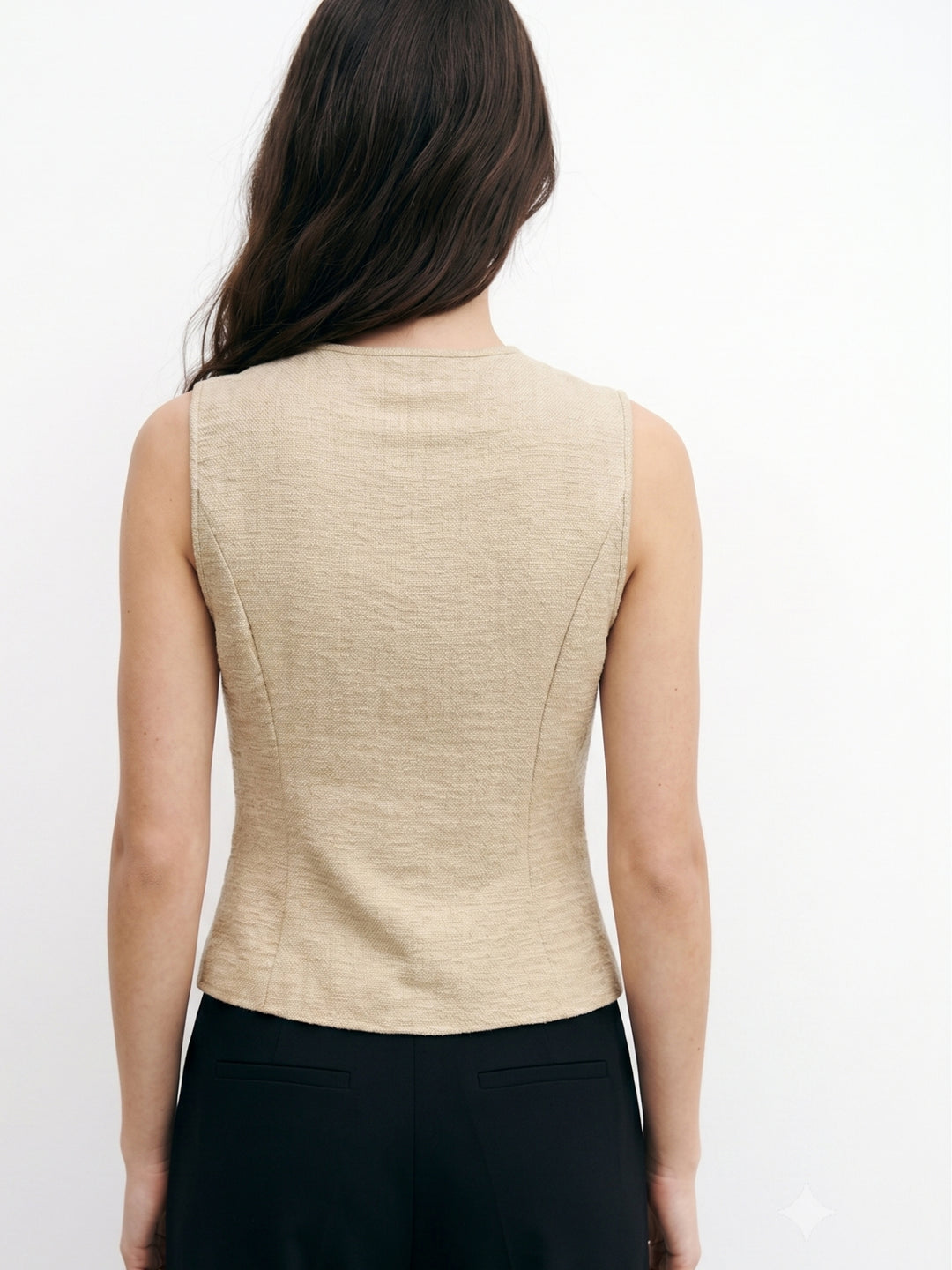 Beige Sleeve Stylized Buttoned Vest