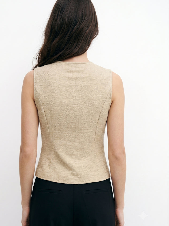 Beige Sleeve Stylized Buttoned Vest