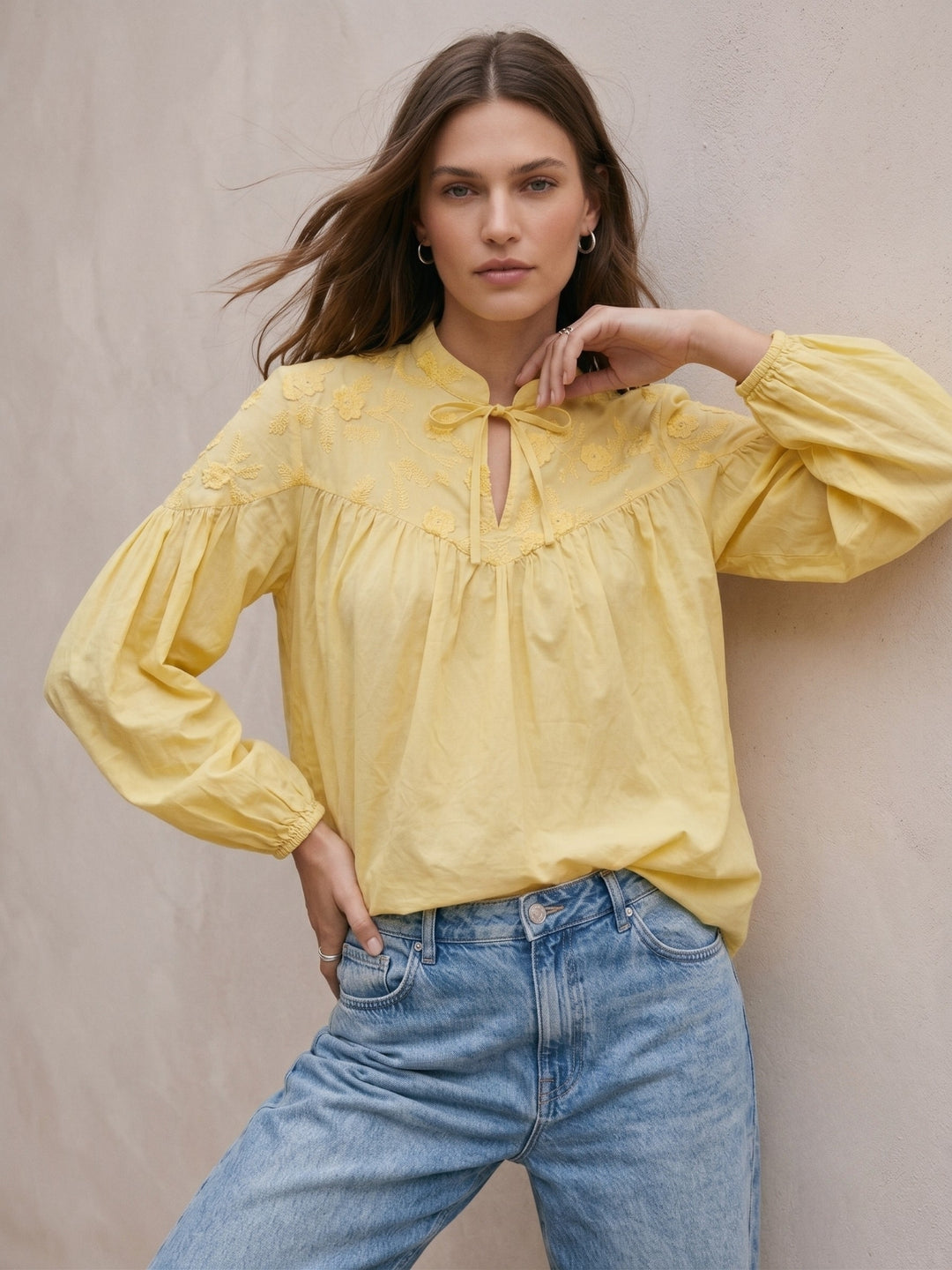 Yellow High Neck Textured Tie Up Relaxed Blouse