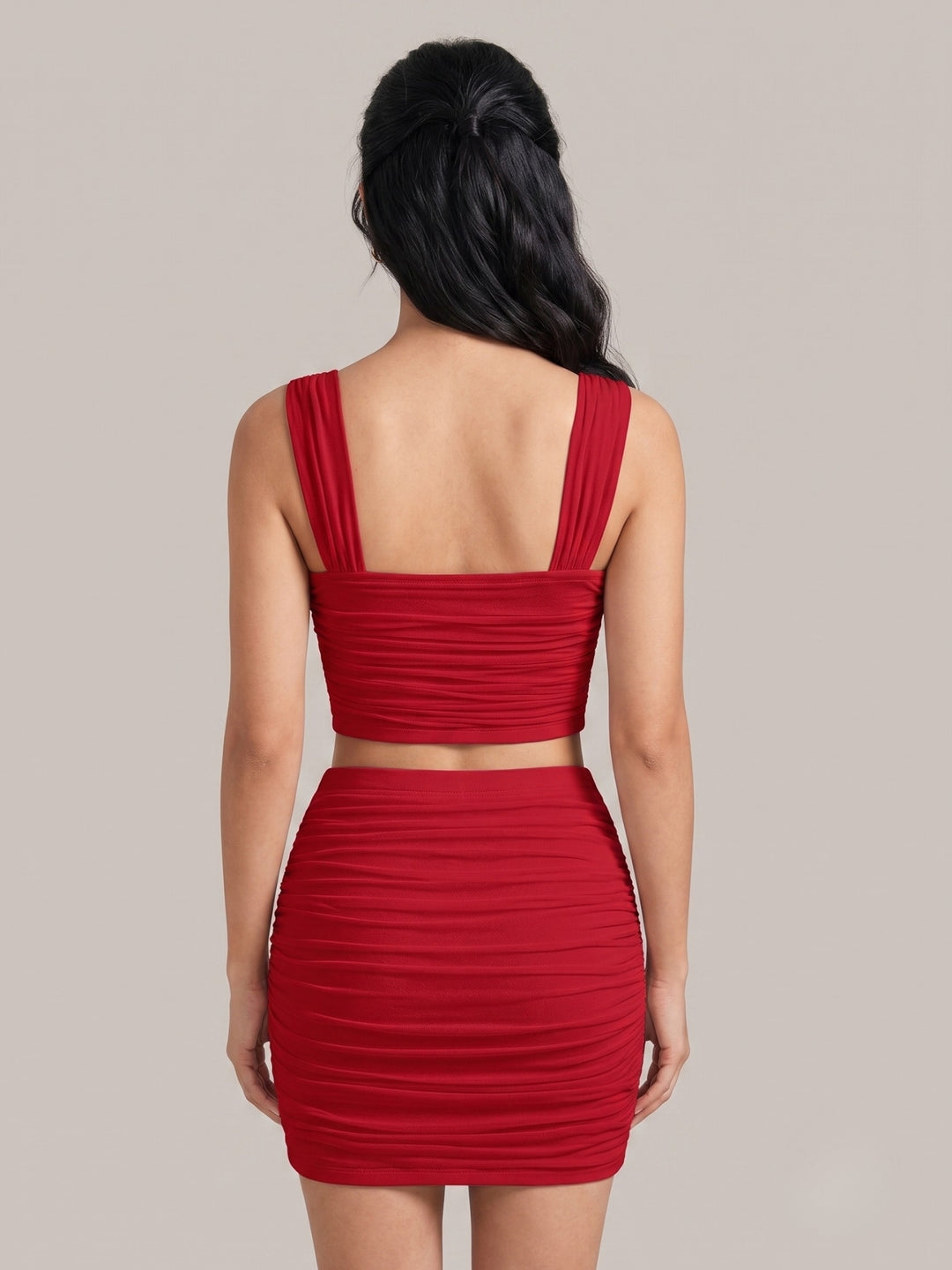 Red Shoulder Strap Ruched Top & Skirt Set