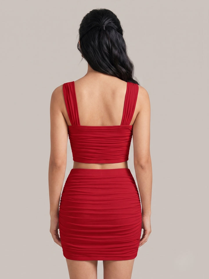 Red Shoulder Strap Ruched Top & Skirt Set