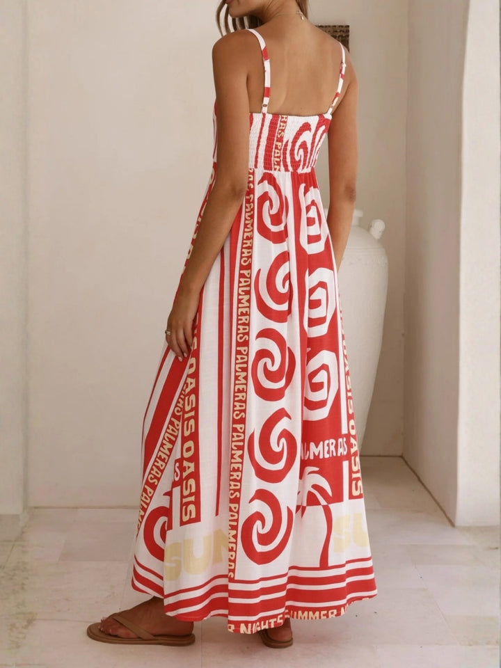 Red Spaghetti Strap Printed Dress