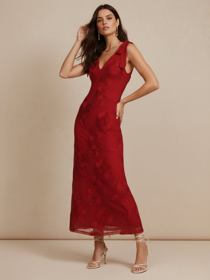 Red Shoulder Tie-Up Textured Dress