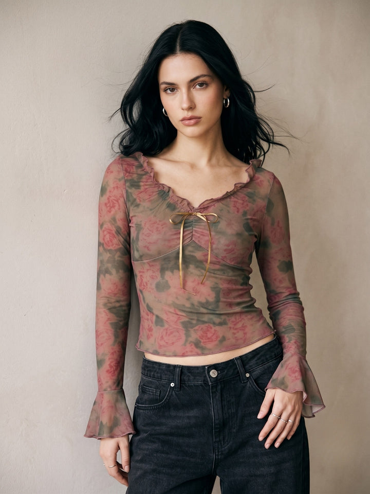 Pink Printed Ruffled Neck Top With Flared Sleeves