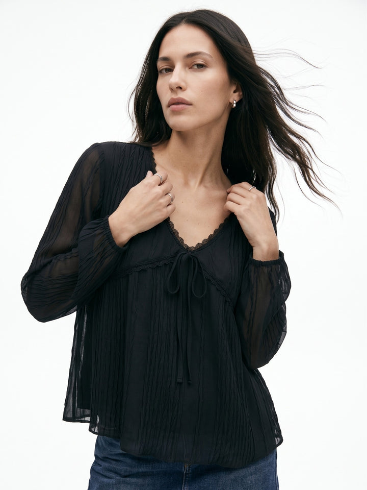Black Full Sleeve Ruffle Neckline Textured Top