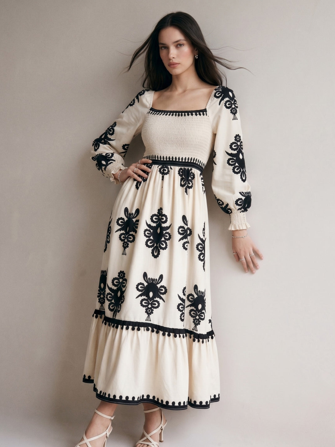 Off-white Bishop Sleeve Square Neck Printed Dress