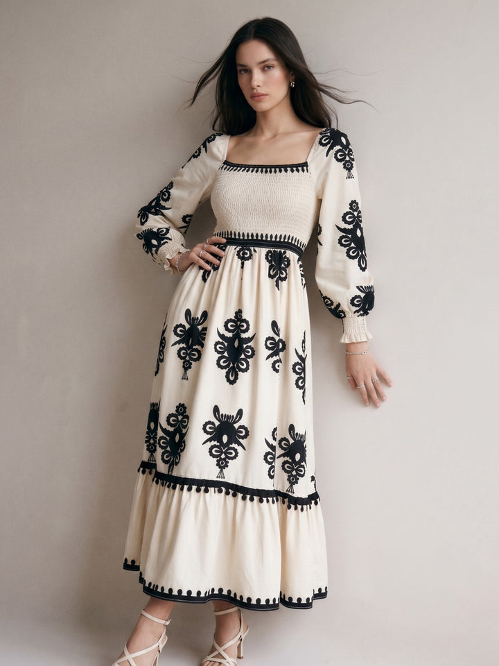 Off-white Bishop Sleeve Square Neck Printed Dress