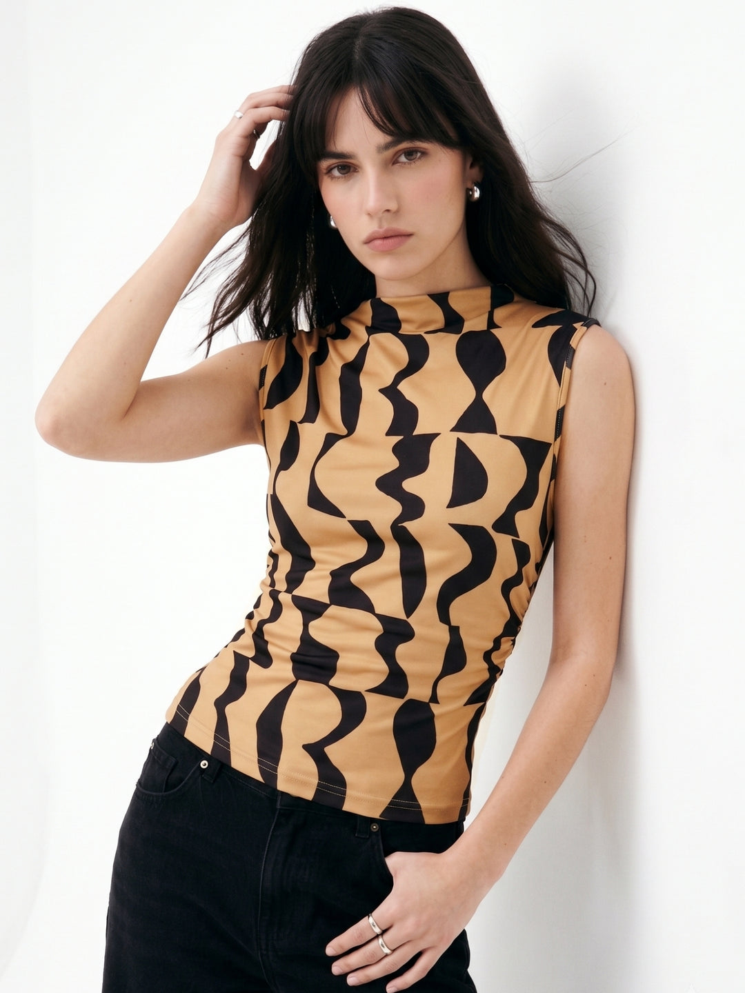 Beige High Neck Geometric Printed Top
