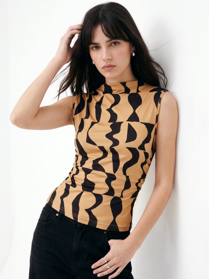 Beige High Neck Geometric Printed Top